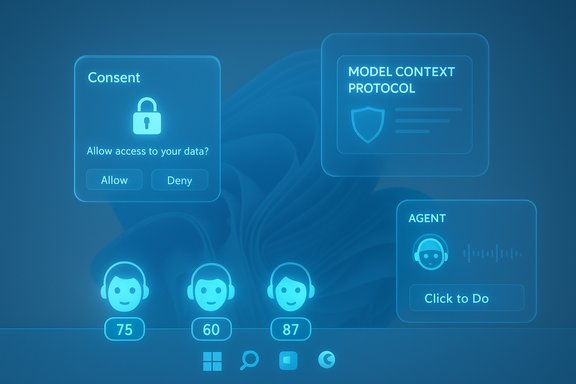 Blue holographic UI featuring consent popup, model context protocol, and an agent avatar panel.