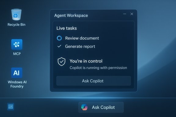 Agent Workspace window with live tasks and Copilot status on a blue desktop.