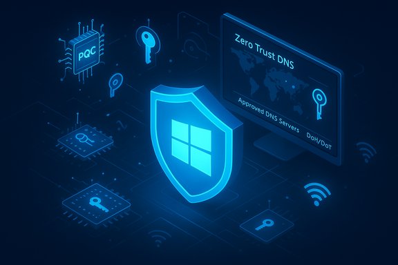 Blue neon cyber-security scene with a shield, Windows logo, and Zero Trust DNS.