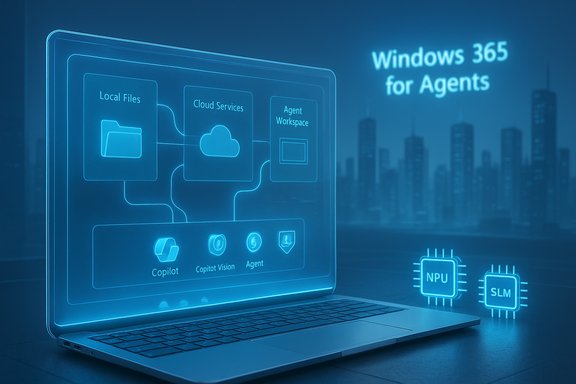Futuristic holographic laptop shows Windows 365 for Agents with cloud services and AI copilots.