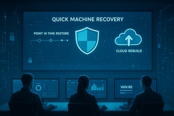 Team monitors quick machine recovery on a blue, high-tech control-room display.