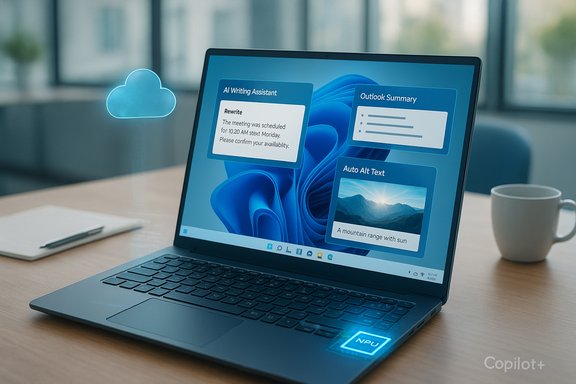 A laptop on a desk displays AI writing assistant widgets with a cloud hologram nearby.