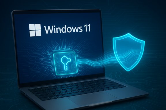 Windows 11 laptop with a glowing security shield and key icon.