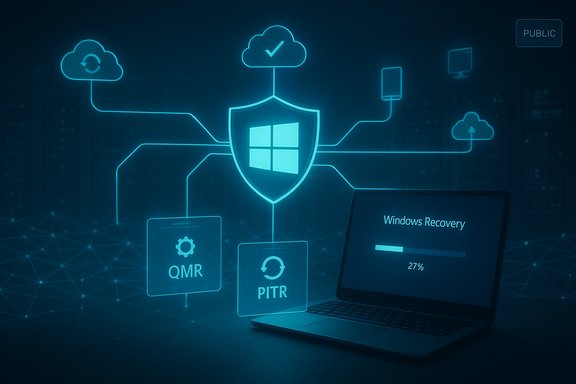 Futuristic Windows security shield links cloud and devices with a Windows Recovery progress bar.
