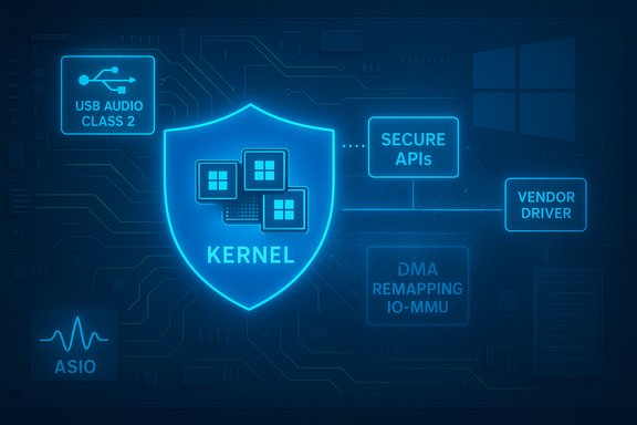Neon circuit-board concept showing a kernel shield linked to USB audio, secure APIs and drivers.