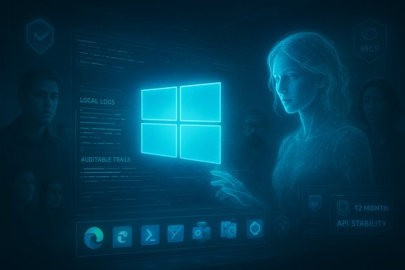 Holographic blue Windows UI displays local logs and auditable trails as a woman monitors it.