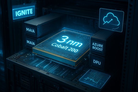 Glowing 3nm Cobalt 200 chip in a blue-lit server rack.