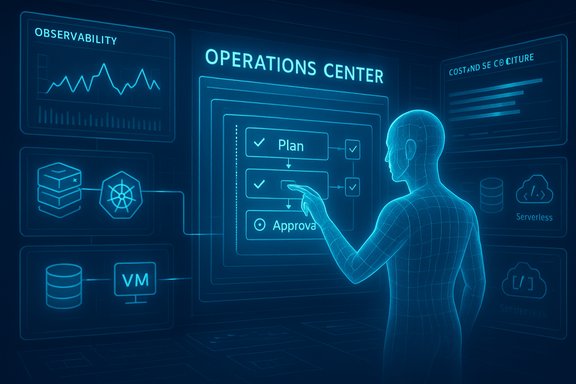 A holographic operator interacts with a glowing Operations Center dashboard featuring plans, approvals, and metrics.