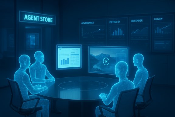 Blue-lit futuristic conference room with holographic figures around a round table.