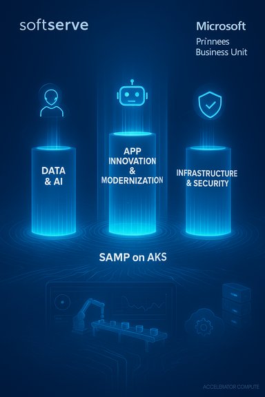 Blue neon infographic showing three pillars: Data & AI, App Innovation & Modernization, Infrastructure & Security.