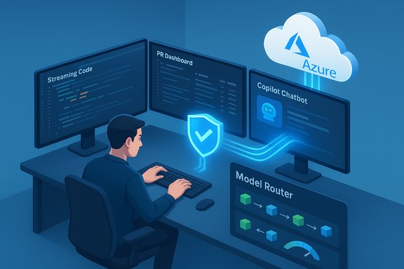 A coder sits at multiple screens connected to Azure cloud, guarded by a glowing shield.