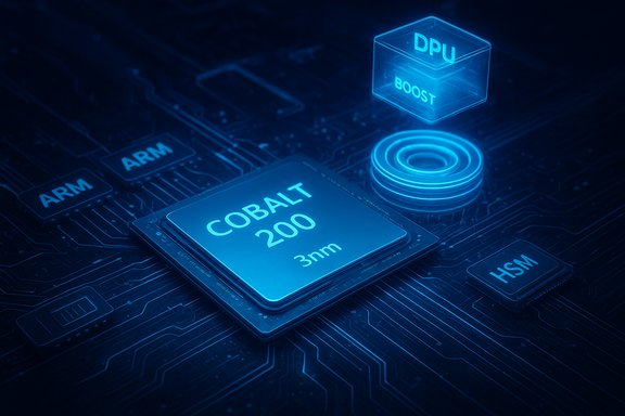 Blue neon COBALT 200 3nm chip on a circuit board, with ARM blocks and a DPU boost cube.