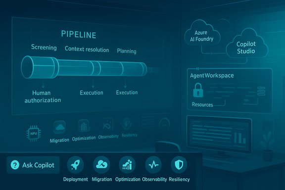 Blue holographic wall showing a pipeline from Screening to Execution with AI Copilot tools.