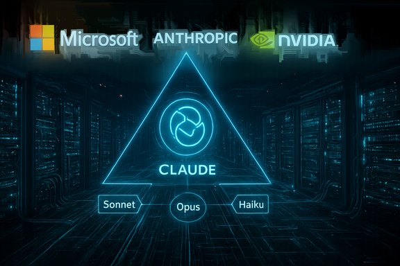 Neon blue holographic triangle labeled CLAUDE dominates a server room with Sonnet, Opus, Haiku.