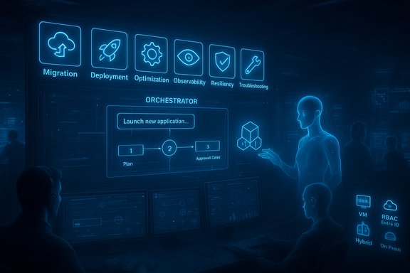 Blue holographic UI in a futuristic control room orchestrating app deployment and migration.