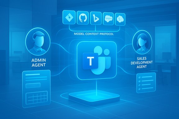 Blue holographic display shows Model Context Protocol linking admin and sales agents.