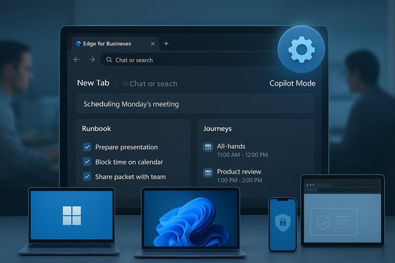 Large screen shows Edge for Business Copilot Mode; desk with laptops, tablet, and phone.