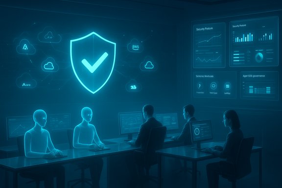 Futuristic security operations room with a glowing shield hologram and data dashboards.