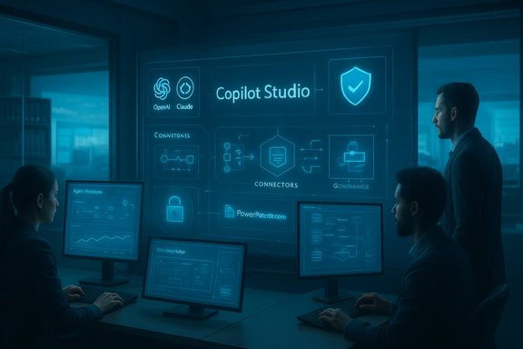 Analysts monitor a neon-blue Copilot Studio AI dashboard projected on glass.