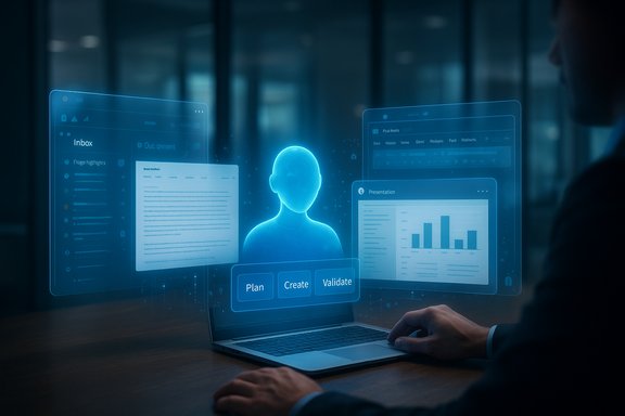 A futuristic holographic AI avatar hovers above translucent dashboards beside a laptop. A futuristic holographic AI avatar hovers above translucent dashboards beside a laptop.