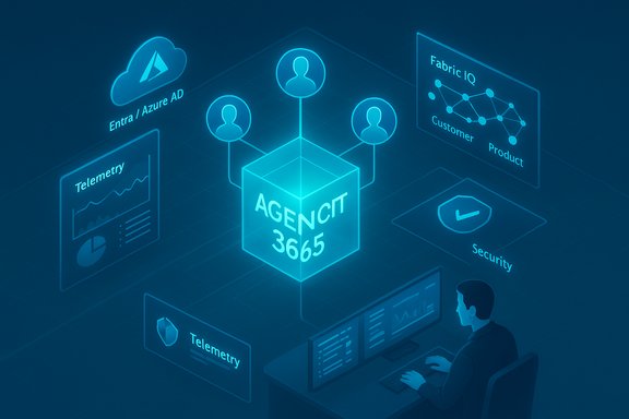 Futuristic blue diagram with a central AGENT CT 3665 cube linked to users, cloud, and telemetry.