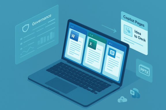 Laptop displays three app cards (Word, Excel) with governance and idea-to-deck panels.