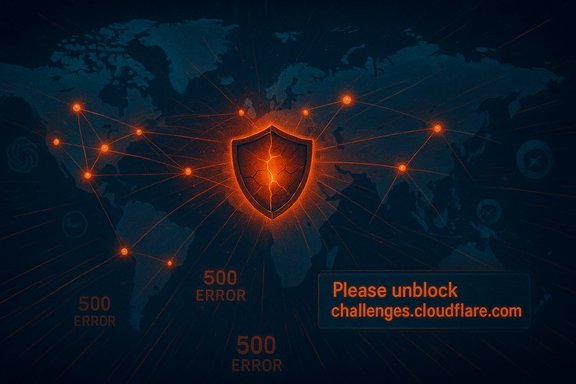 Global cybersecurity scene with a glowing shield and interconnected nodes amid 500 errors.