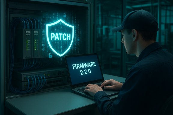 A technician patches firmware in a server room, with a glowing 'FIRMWARE 2.2.0' on the laptop.