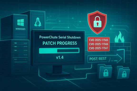 Tech-themed illustration showing a patch progress screen for PowerChute Serial Shutdown with security icons.