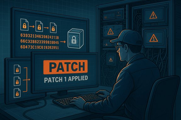 An IT technician applies a patch in a server room.