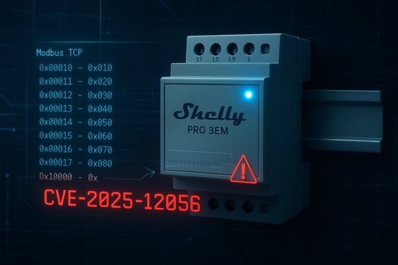 Shelly Pro 3EM module displaying CVE-2025-12056 warning.
