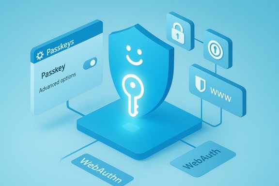 Blue 3D security illustration featuring a shield and passkey concepts (WebAuthn, locks).