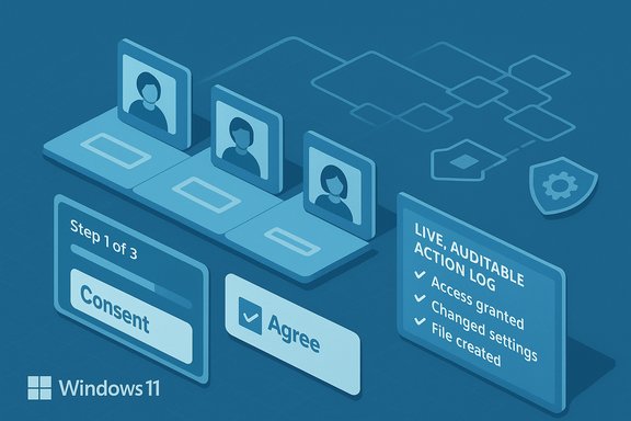 Illustration of Windows 11 privacy consent flow with avatars and audit log.