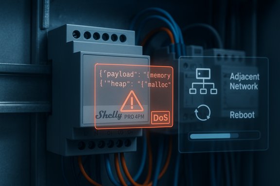 Shelly Pro 4PM IoT module on a rack shows a red warning triangle and memory/heap error overlay.