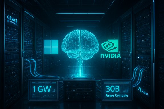 Futuristic data center with a glowing holographic brain flanked by Windows, Nvidia, and Azure logos.
