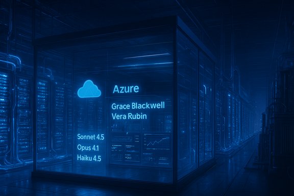 Blue-lit data center with an Azure display listing Grace Blackwell and Vera Rubin.