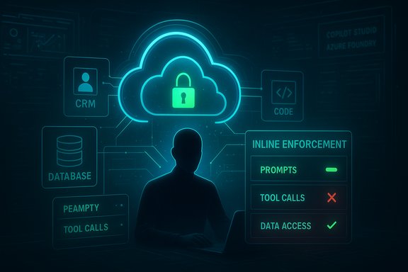Silhouette at a laptop amid a neon cloud security dashboard with inline enforcement.