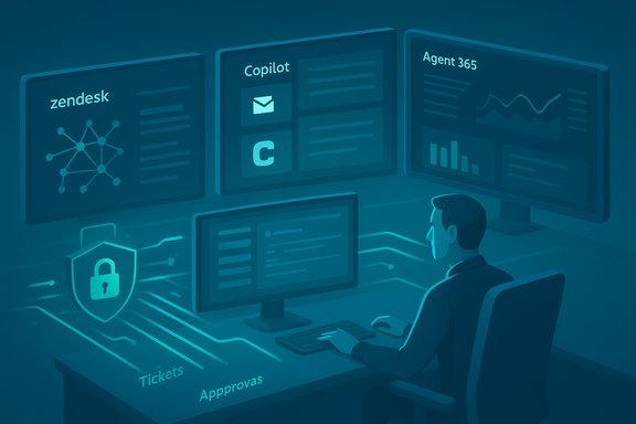 A technician monitors multiple screens displaying Zendesk, Copilot, and Agent 365 dashboards.