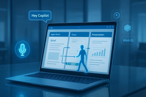 A laptop screen shows a holographic figure guiding a workflow with an AI assistant.
