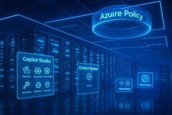Futuristic data center with neon blue holographic panels displaying Azure Policy and Copilot Studio.