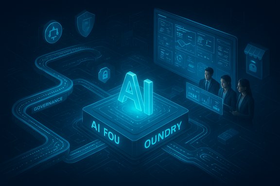 AI Foundry: a governance-driven AI hub with analysts monitoring dashboards.