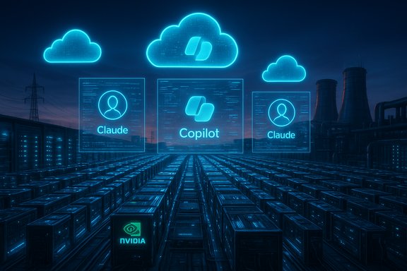 A futuristic data center with neon holographic AI copilots above rows of Nvidia servers.
