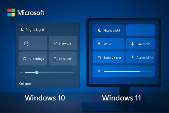 Side-by-side Windows 10 and Windows 11 quick settings panels.