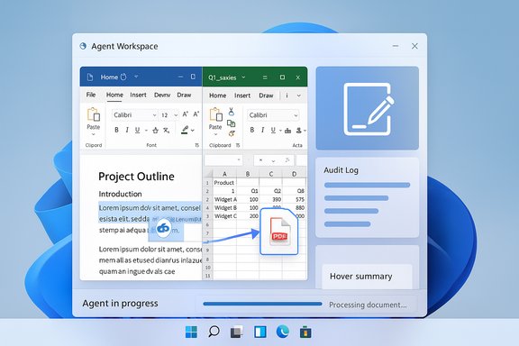 Agent Workspace UI showing Word and Excel panes with a PDF export and progress dashboard. Agent Workspace UI showing Word and Excel panes with a PDF export and progress dashboard.
