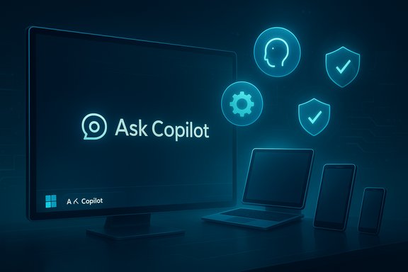 Blue neon display showing “Ask Copilot” on a monitor with floating icons beside a laptop, tablet, and phones.