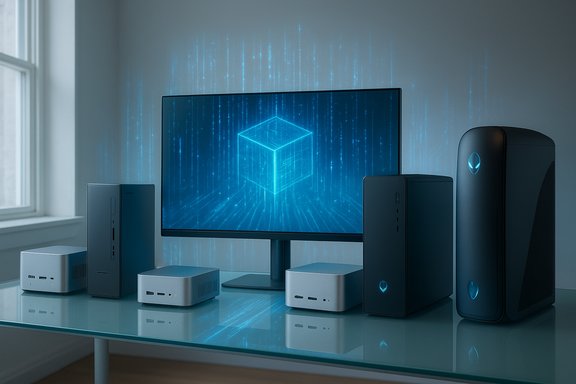 Futuristic computer setup on a glass desk, with a monitor showing a blue holographic cube and sleek towers.