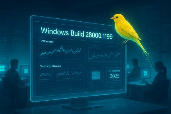 Yellow canary perched on a Windows Build 28000.1199 holographic dashboard with charts.