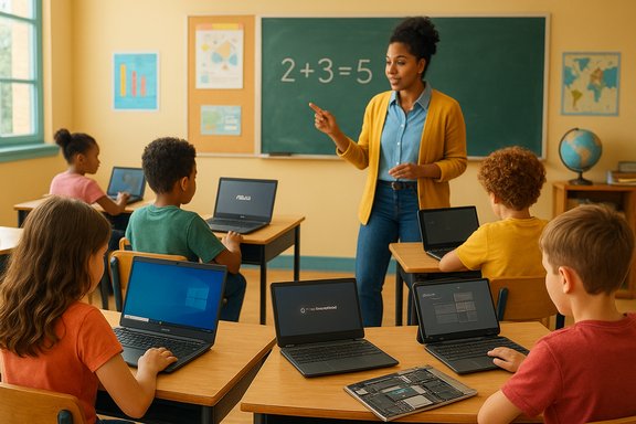Teacher guides students in a computer-enabled math lesson; 2+3=5 on the board.