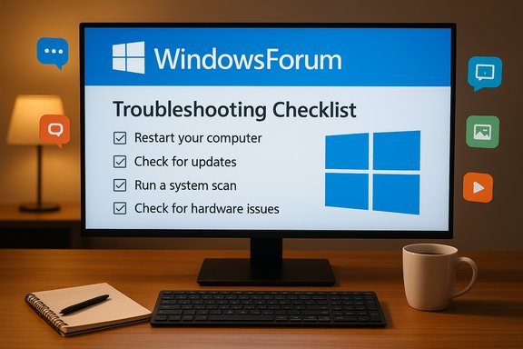 A computer monitor shows a WindowsForum Troubleshooting Checklist with steps and a Windows logo.