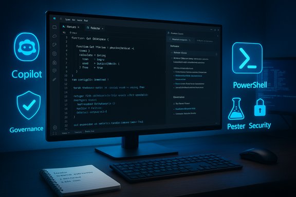 Neon blue UI icons frame a coding desk with Copilot, Governance, PowerShell, and Security.